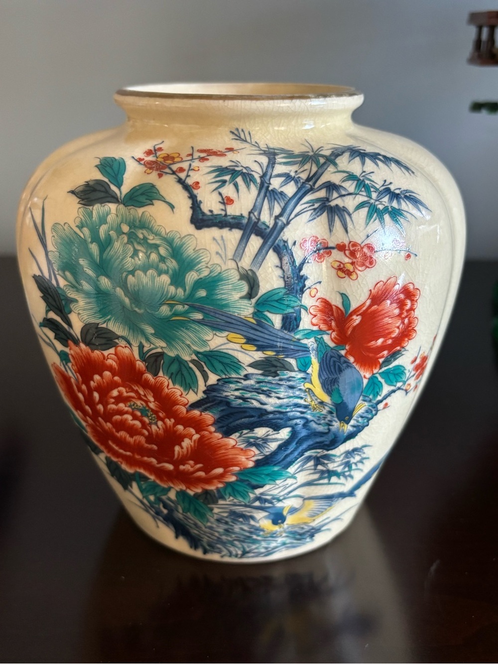 Japanese Handpainted Vintage Satsuma Floral Porcelain Vase Birds Cream